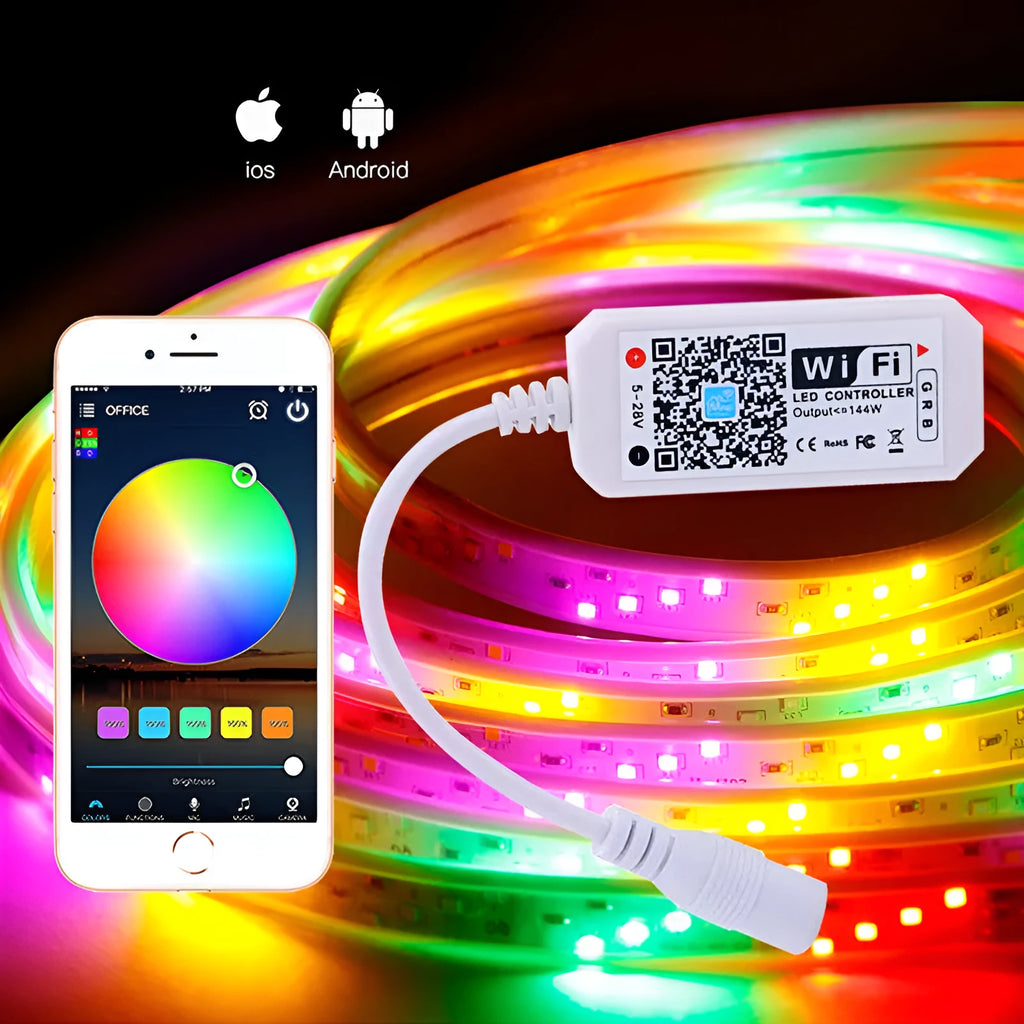 White WiFi LED light strip controller with Magic Home Pro app for smartphone control