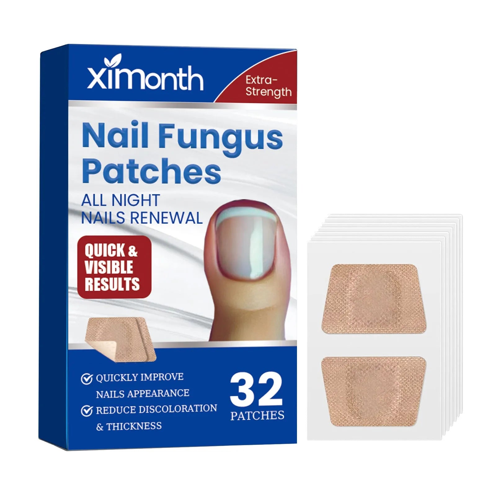 Box of 32 nail repair adhesive bandages with glycerin and tea tree oil, each measuring 6.1 by 3.5 centimetres