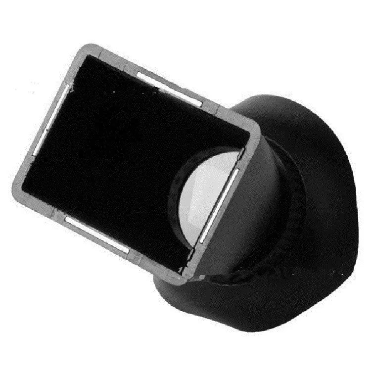 Black camera viewfinder amplifier with optical lens, shown mounted on a DSLR camera LCD screen.