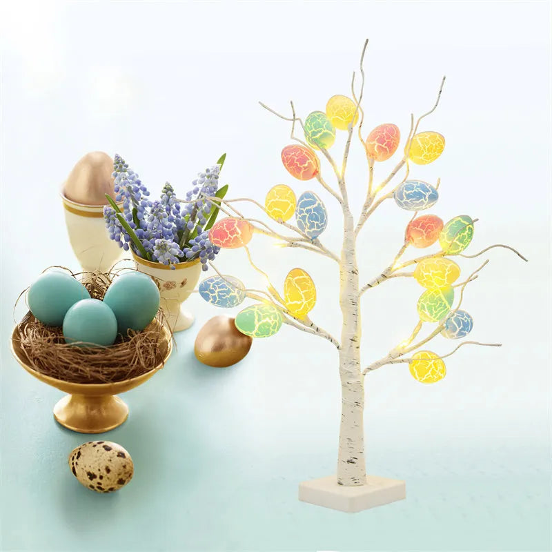 White LED birch tree with black bark markings and cracked egg ornaments, 60cm tall with adjustable branches