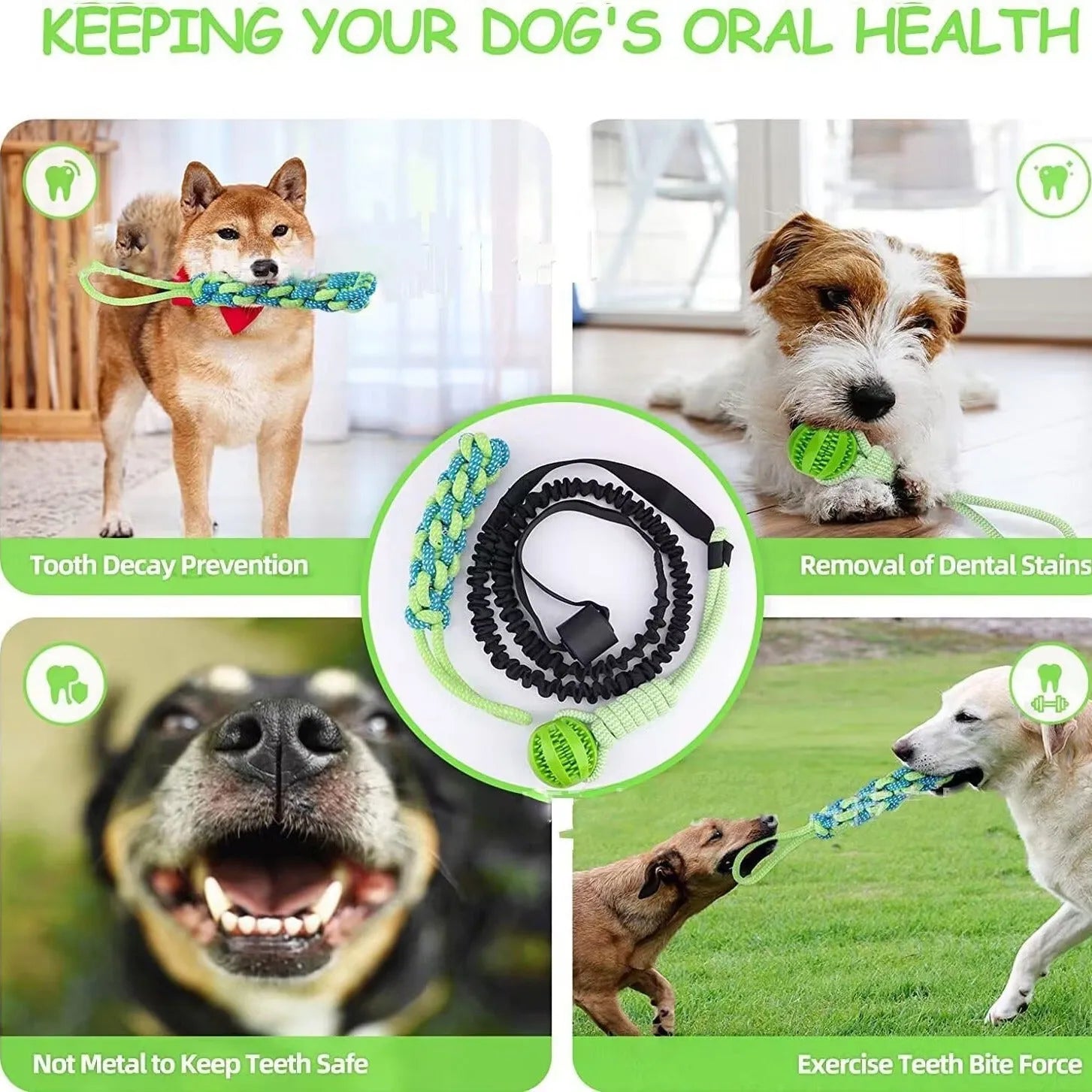 Green cotton thread dog tug toy with a ball on a rope for biting and interactive play.