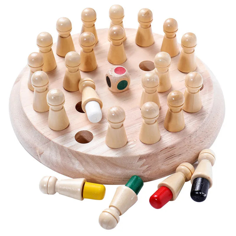 Wooden memory chess game for children with beech wood board and pieces for colour recognition learning