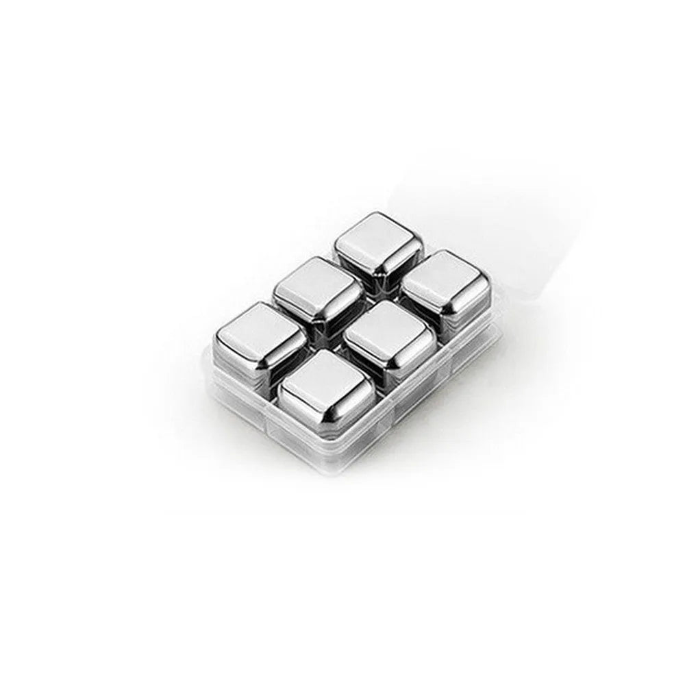 Stainless steel whiskey chilling stones in square, ball, diamond, and heart shapes with handling clip