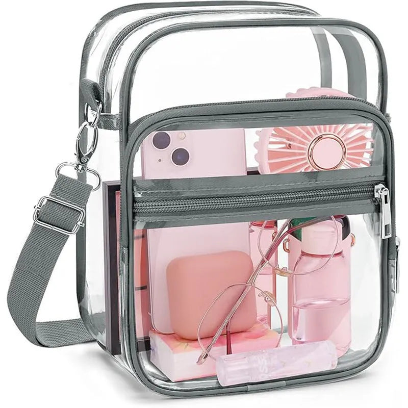 PVC waterproof crossbody bag in cube style design showing dimensions and colour options