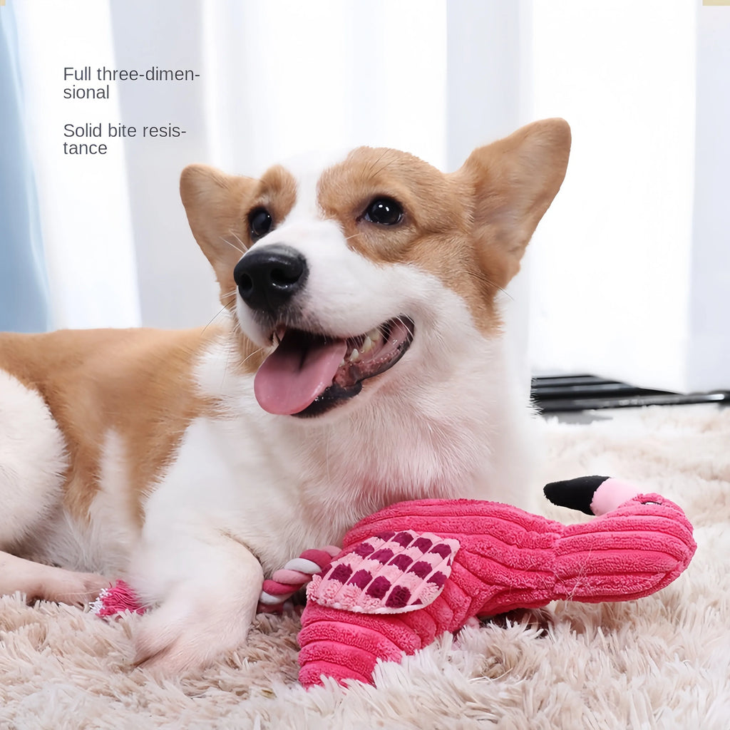 Pink corduroy animal-shaped plush dog toy with a squeaker inside
