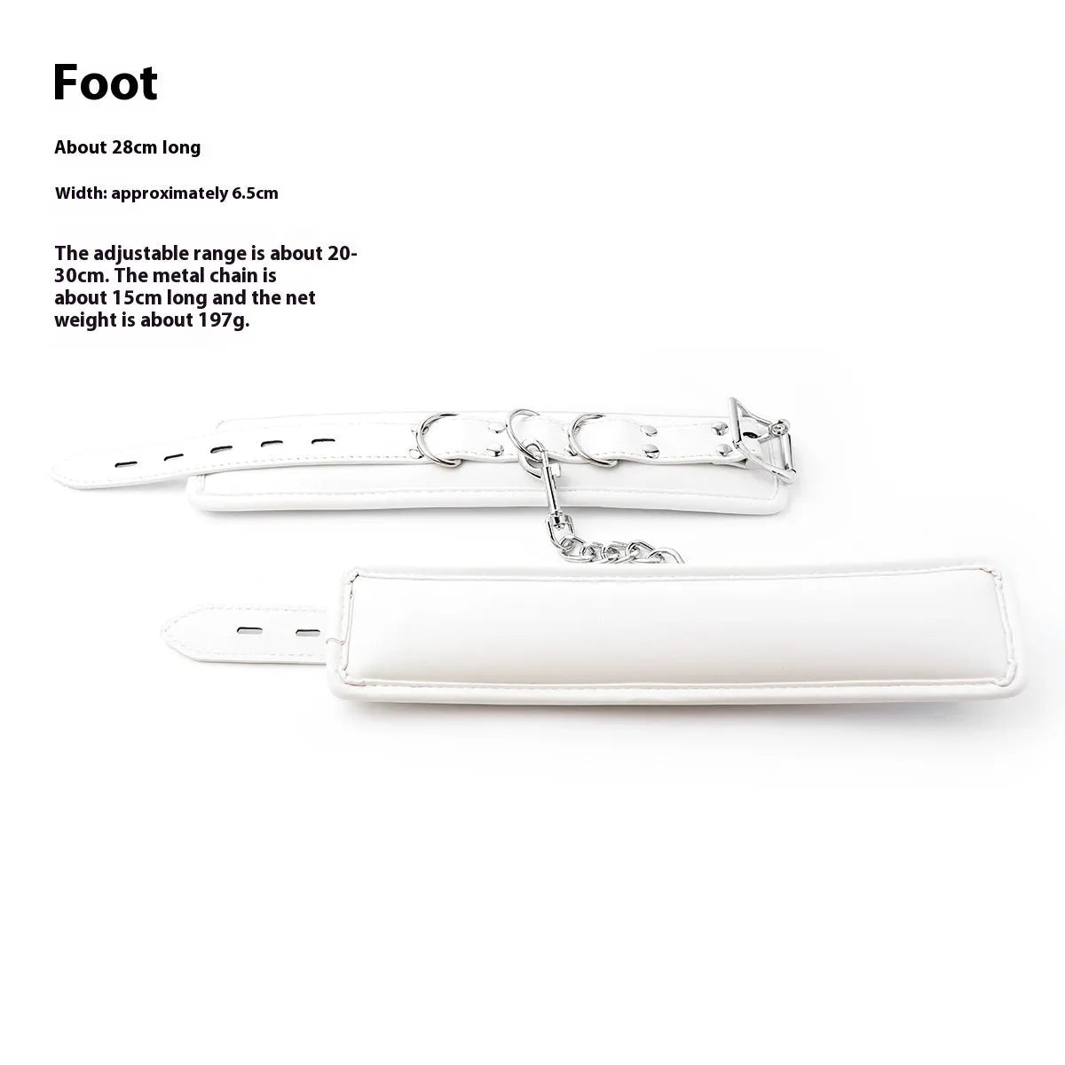 White PU sponge bondage set showing handcuffs, footcuffs, ankle bracelet, and neck scarf on a dark background.