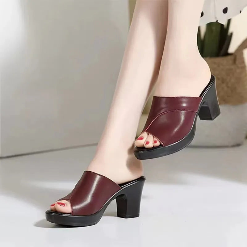 Women's peep-toe sandals with PU upper, thick sole, and slip-resistant rubber outsole in black