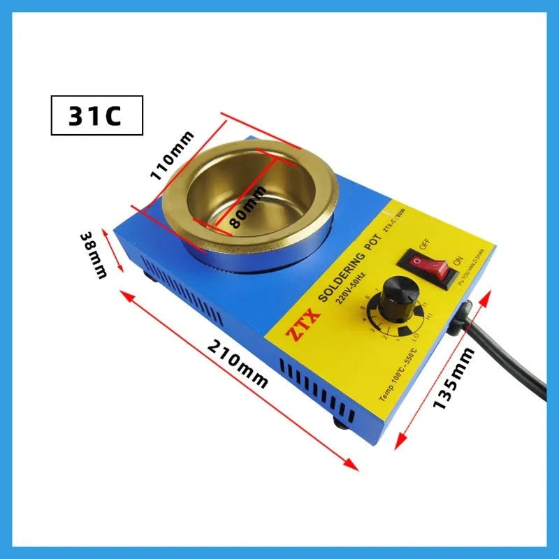 A desktop thermostat-controlled tin melting furnace with adjustable temperature dial.