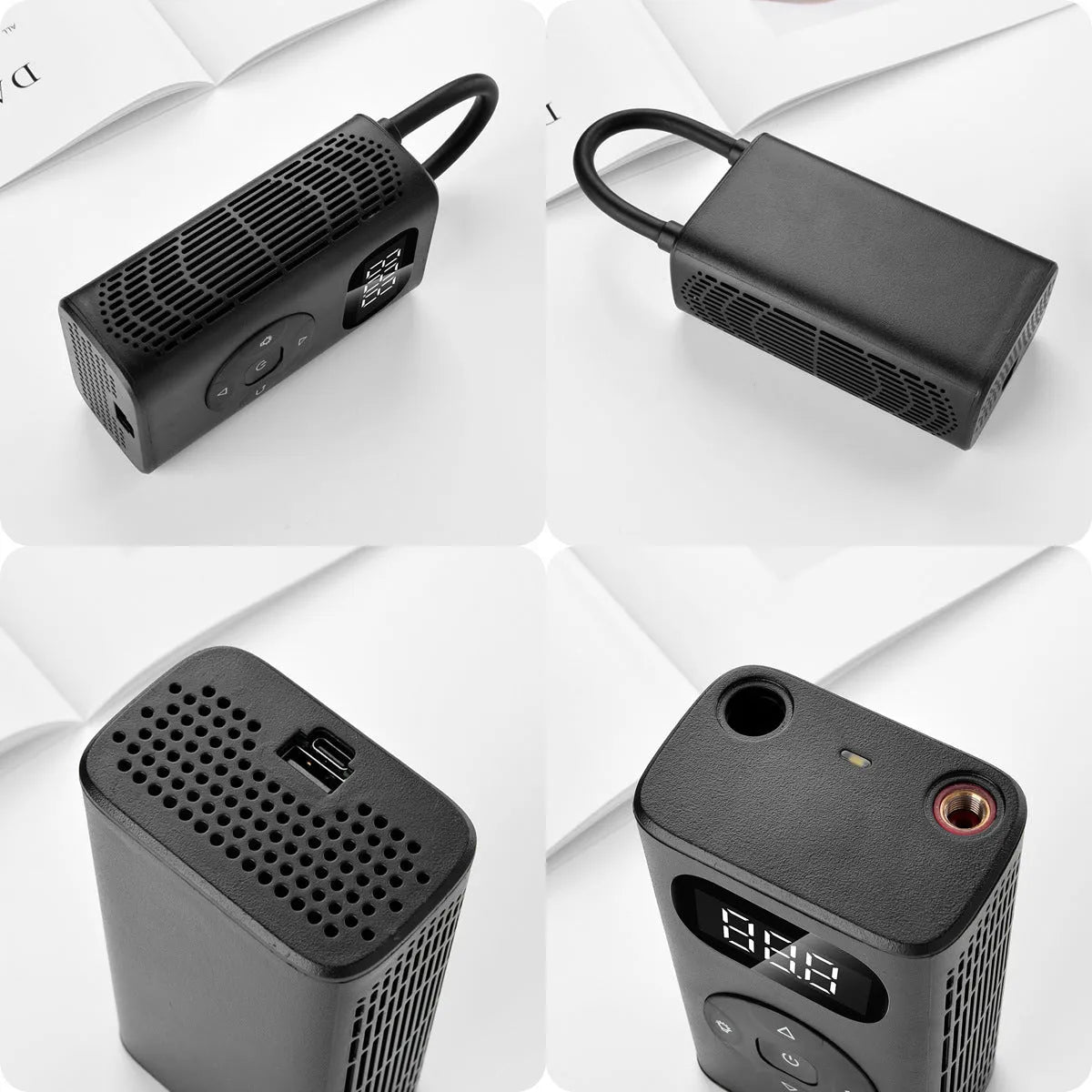 Black portable USB tyre inflator for cars and motorcycles with digital display.