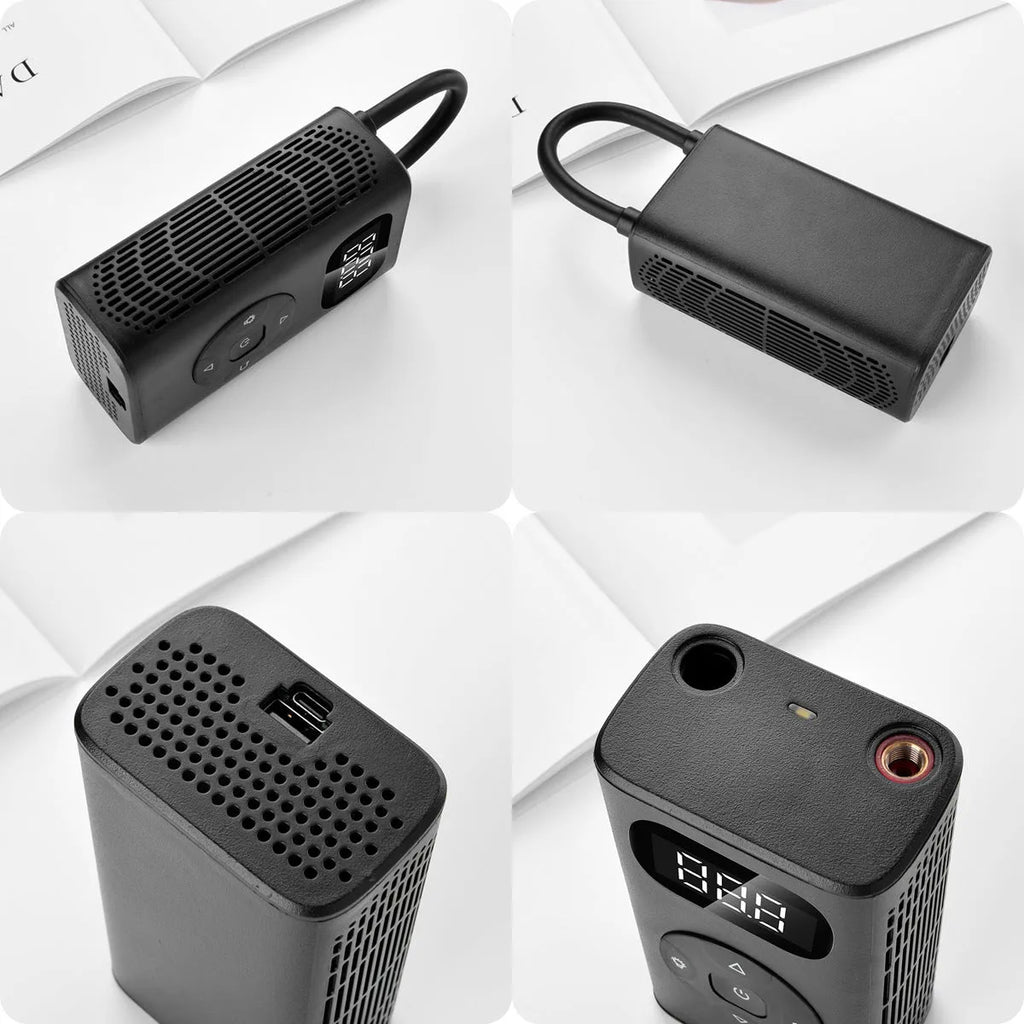 Black aviation aluminium portable power bank tyre inflator with digital display and air hose.