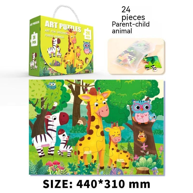 Paper kids jigsaw puzzle in colour box, 23x18x6.5cm, animal, space, dinosaur themes, ages 4-6