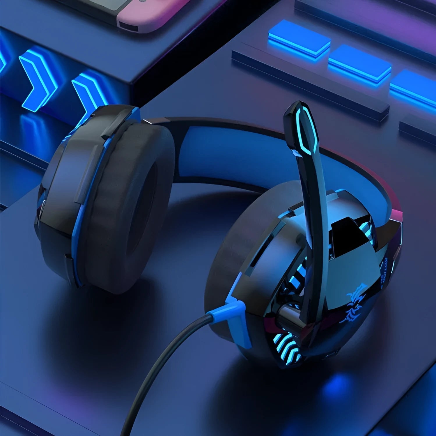 Wired computer headset with protein skin ear cushions and microphone on a desk
