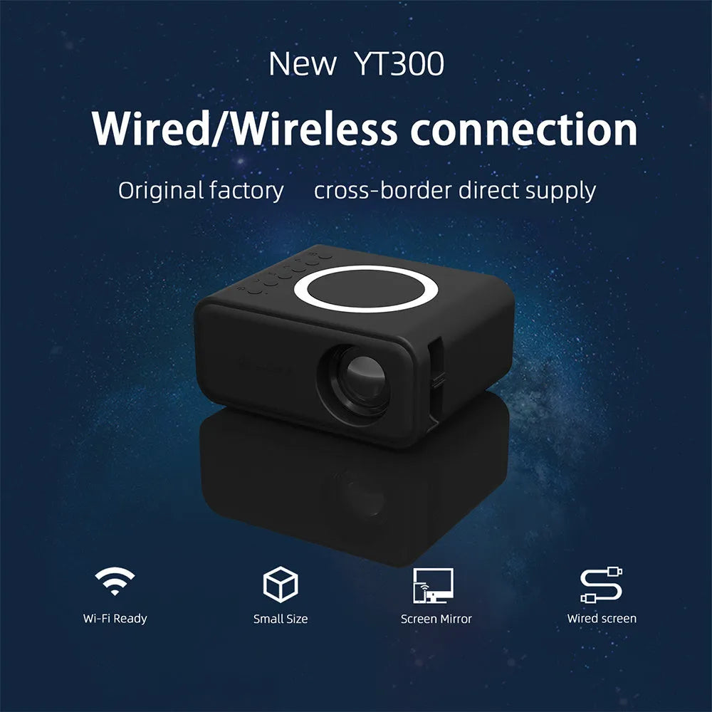 YT300 black or white portable mini LED projector showing compact size and lens for home cinema projection.