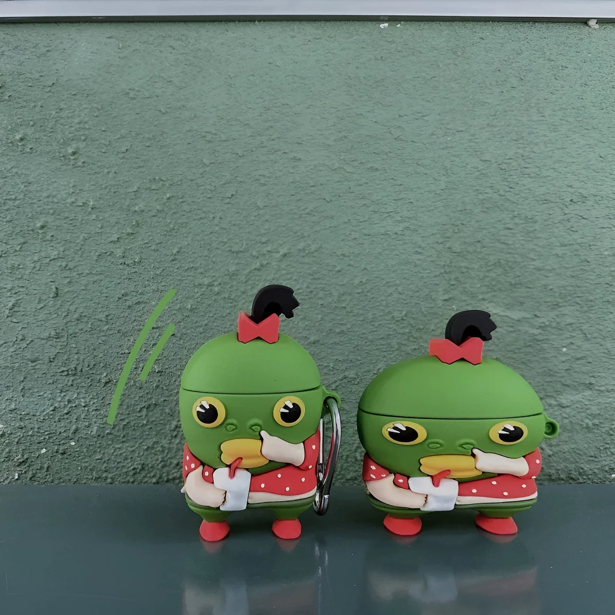 Cartoon green fish head earphone case in soft PVC for Apple AirPods 2 and AirPods Pro, Milk Tea Fish Head Monster design