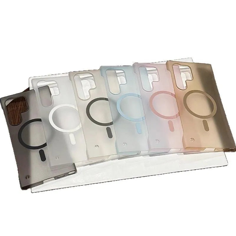 Frameless frosted PC magnetic phone case for Samsung S22 to S25 Ultra in desert gold, titanium gray, cool black and transparent white