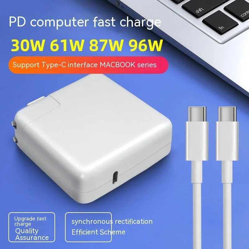 61W USB-C laptop charger with international UK EU US AU plugs measuring 7x7x3cm