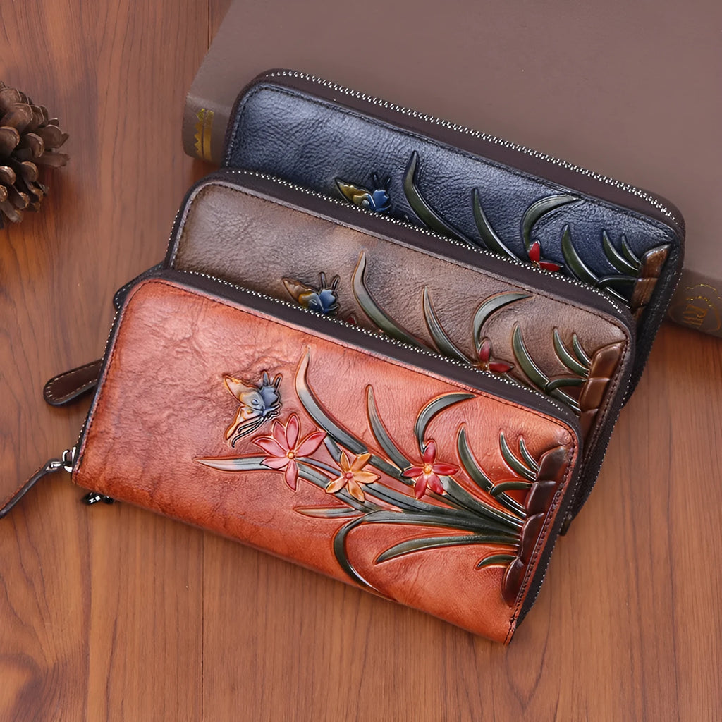 Retro genuine leather long clutch wallet with embossed flower pattern, multiple card slots, 20cm length, in retro coffee colour