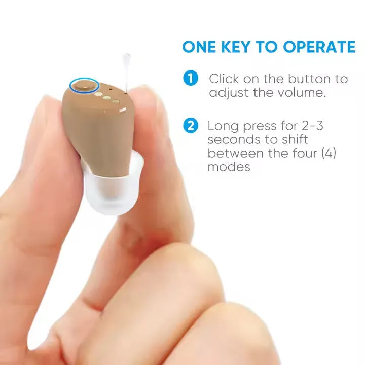 Skin colour 16-channel digital hearing aid with USB power and 12+ hour battery life