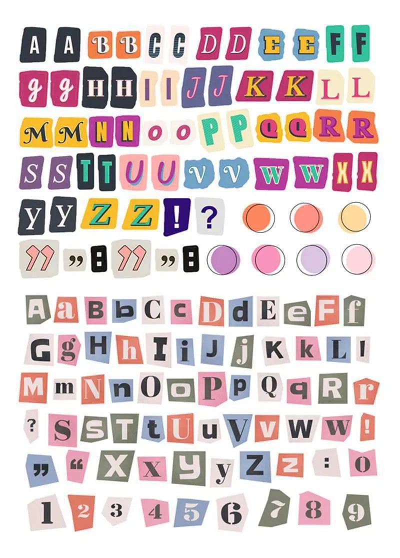 Pack of decorative stickers showing printed English alphabet letters and weekday words in a cute style for crafts.