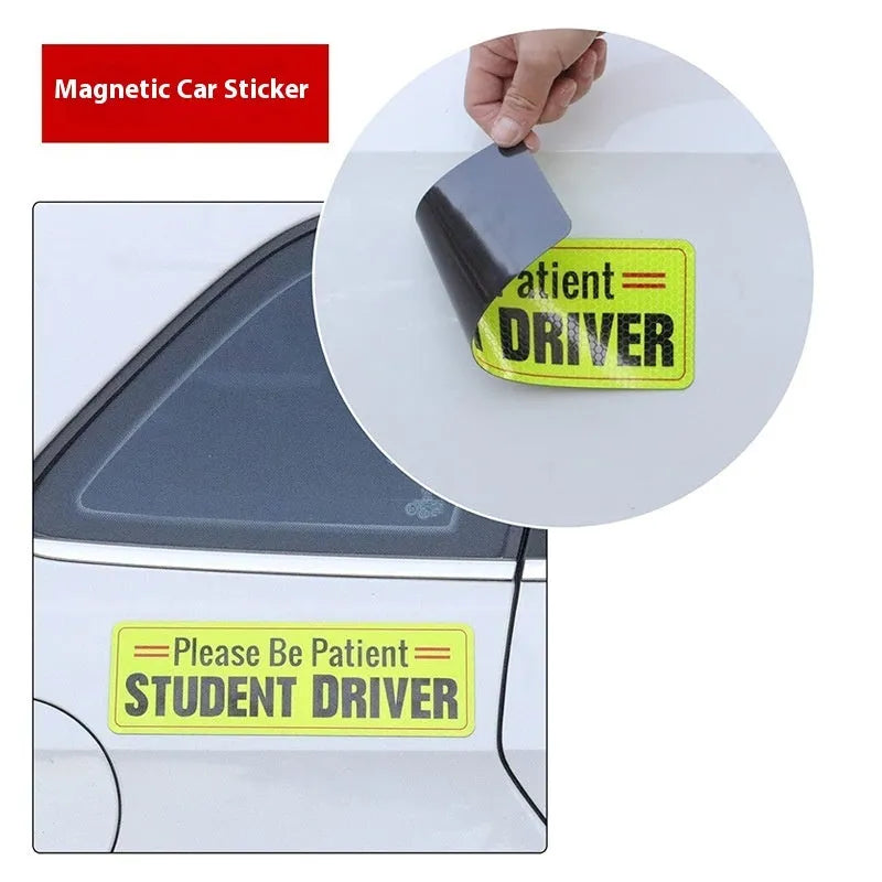 Reflective acrylic car warning bumper sticker for novice drivers measuring 22.5 by 8.5 cm on a car rear bumper.