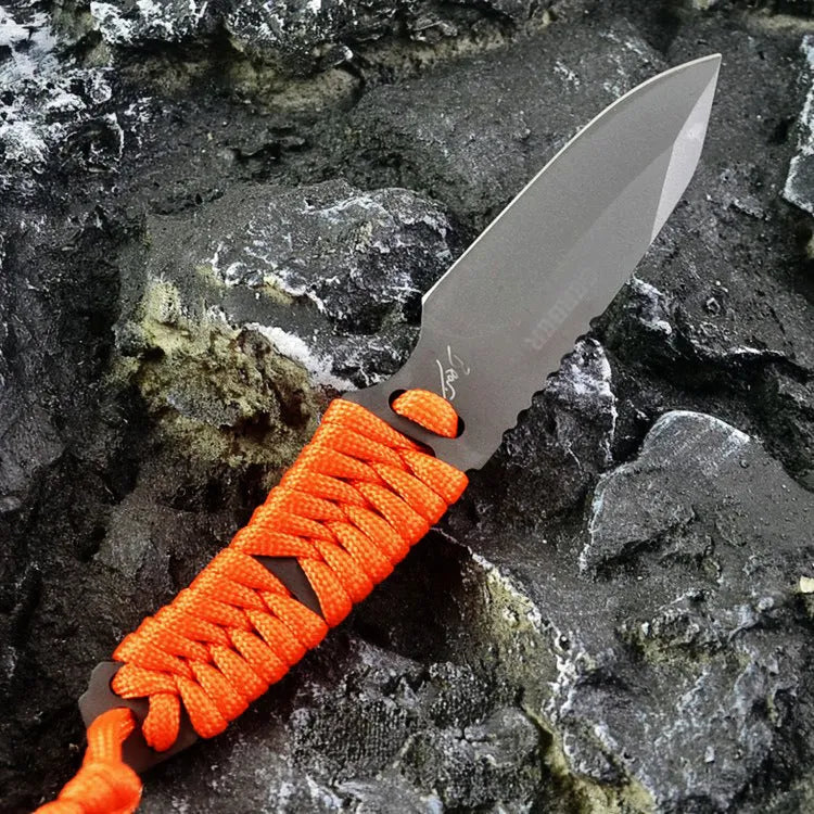Multi-function survival knife with 80mm blade, binding rope handle and ABS sheath