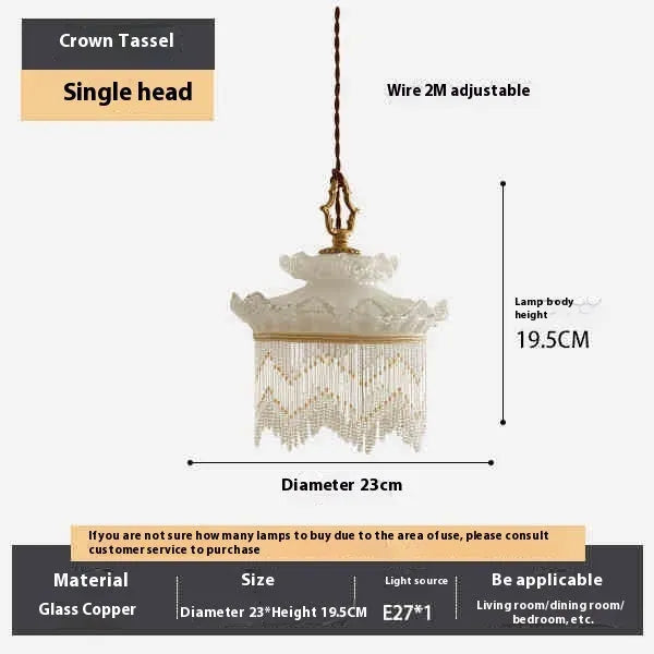 Tassel chandelier with copper lamp body and glass lampshade, LED light source, for dining room or bedroom