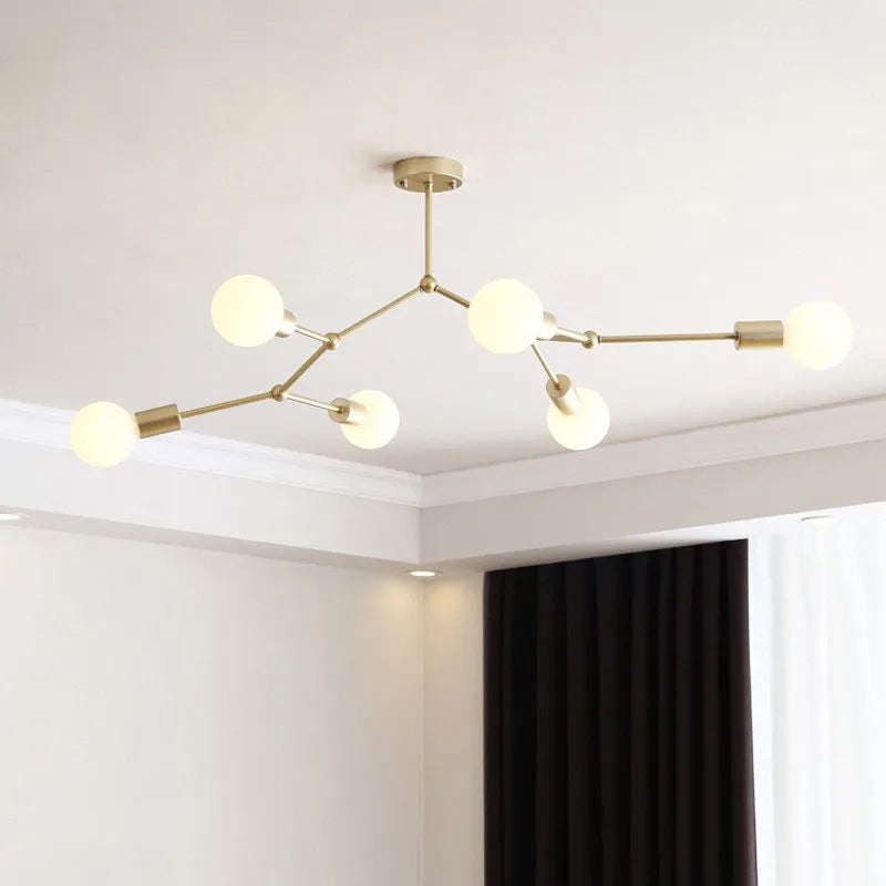 Minimalist black iron ceiling chandelier with six light heads in a Nordic style, against a white background.