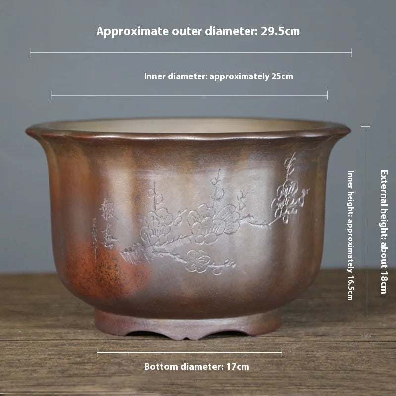 Purple sand ceramic antique carved flower pot in large size with s1696 firewood colour finish