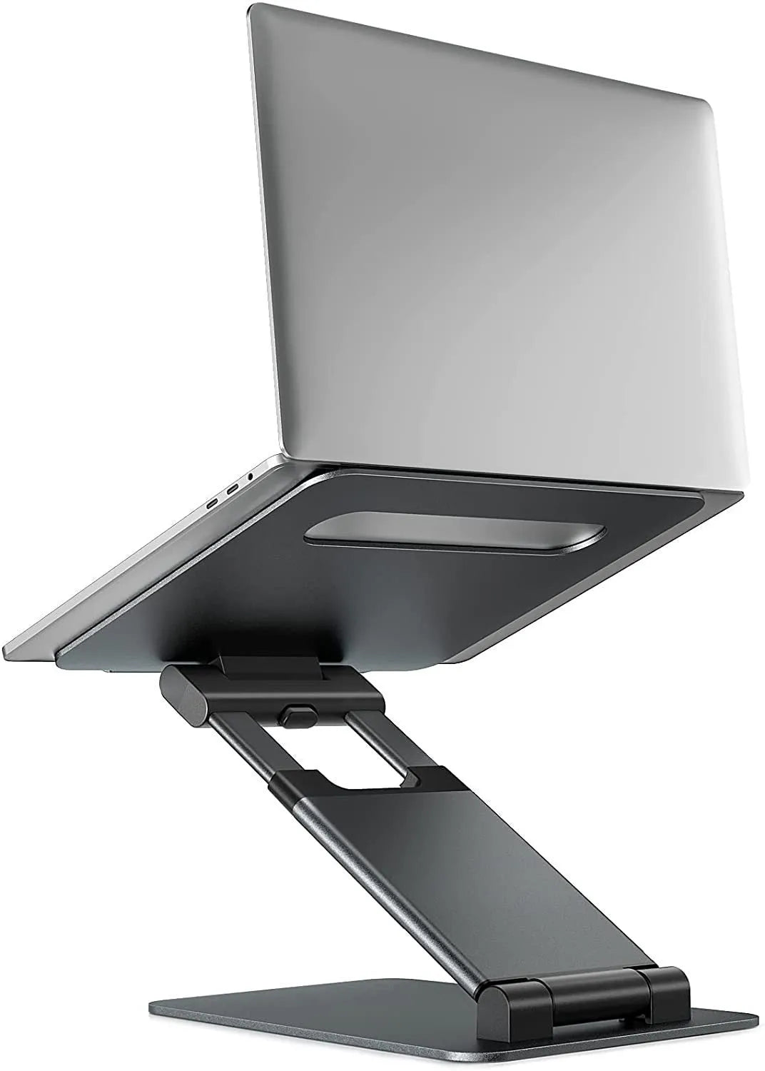 Aluminum alloy laptop bracket with adjustable base and 360-degree rotation on a desk