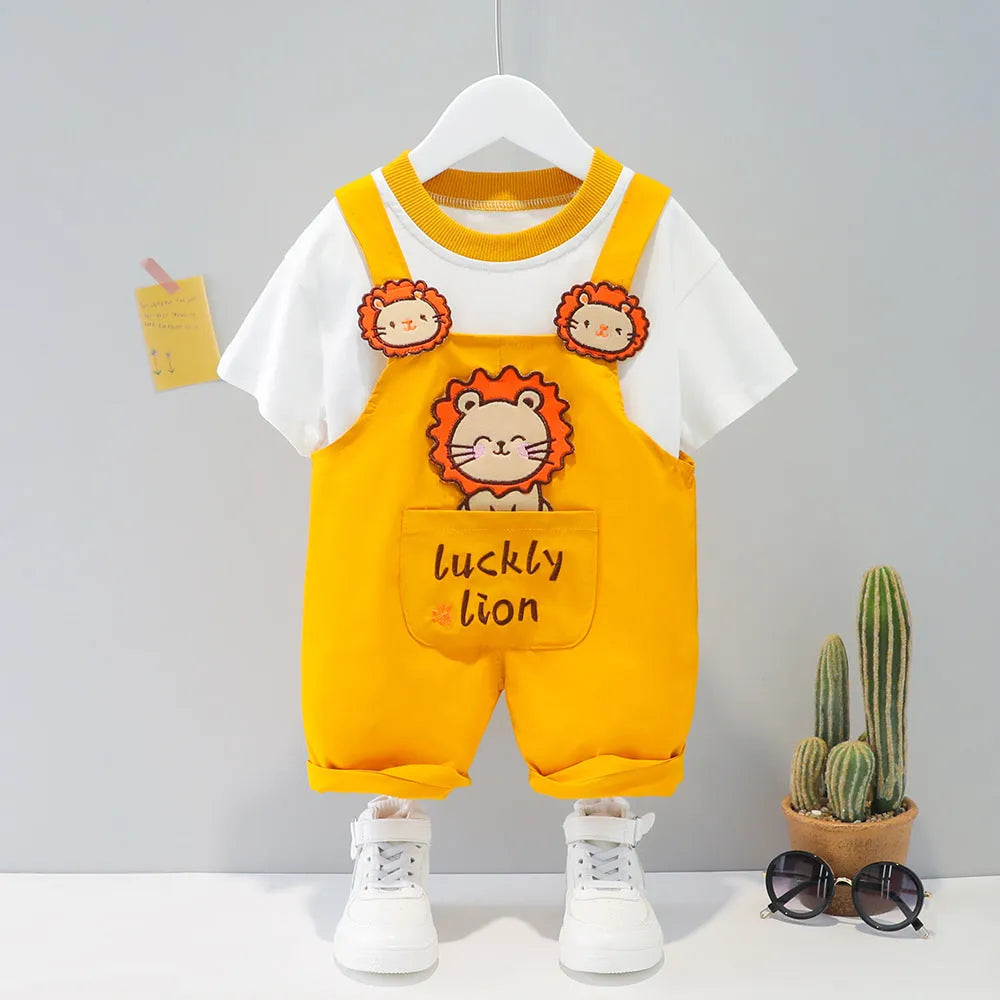 Yellow children's cotton short-sleeved romper with cartoon print and adjustable straps.