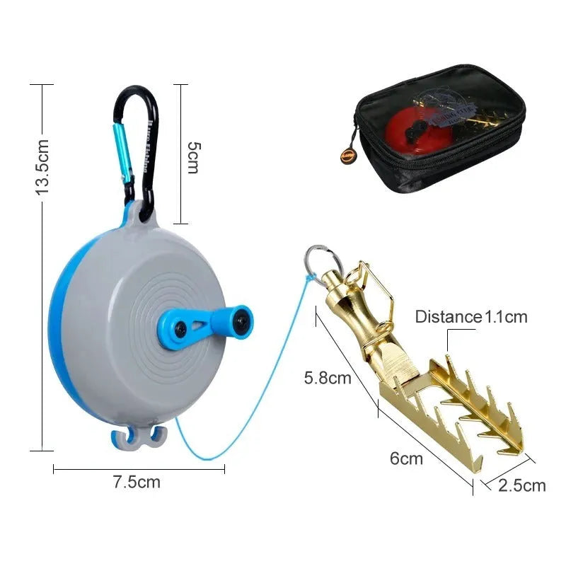 Fishing bait bottom lifter retriever device with coloured wheel and stainless steel hook on spool of braided line.