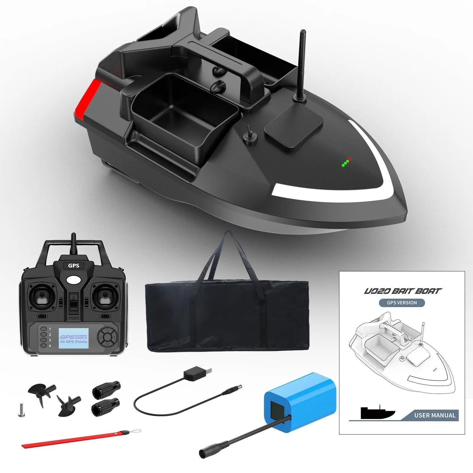 V020 GPS remote control fishing boat in luminous yellow on water, showing remote control with display.
