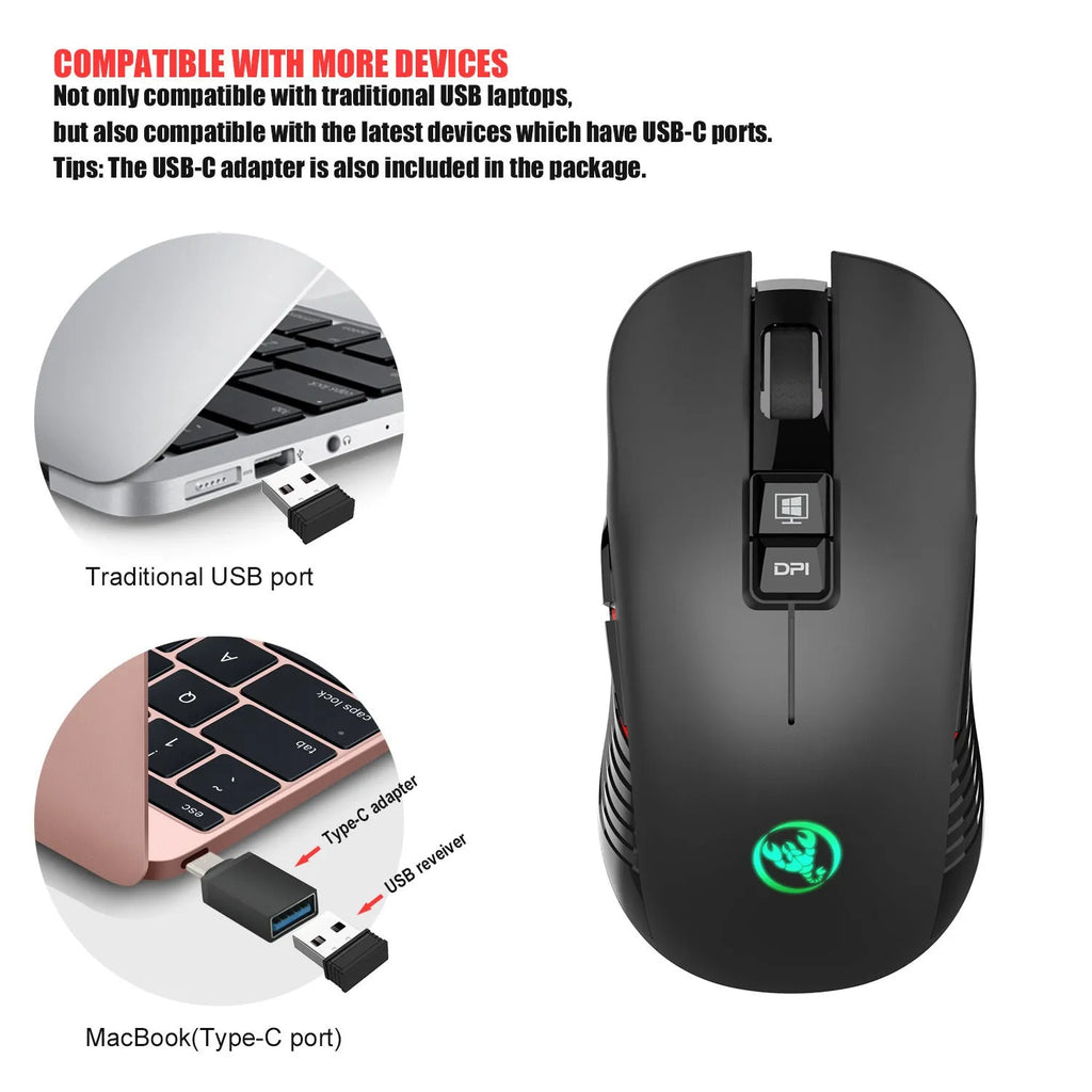 Black wireless gaming mouse with seven colour breathing lights showing adjustable DPI buttons and ergonomic shape