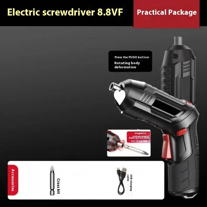 Compact lithium battery electric screwdriver with small gun design and included tool bag.