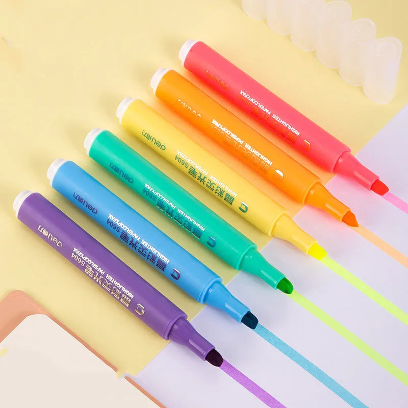 Deli S605 oblique tip highlighter marker pens in Macaron colours with transparent pen holders