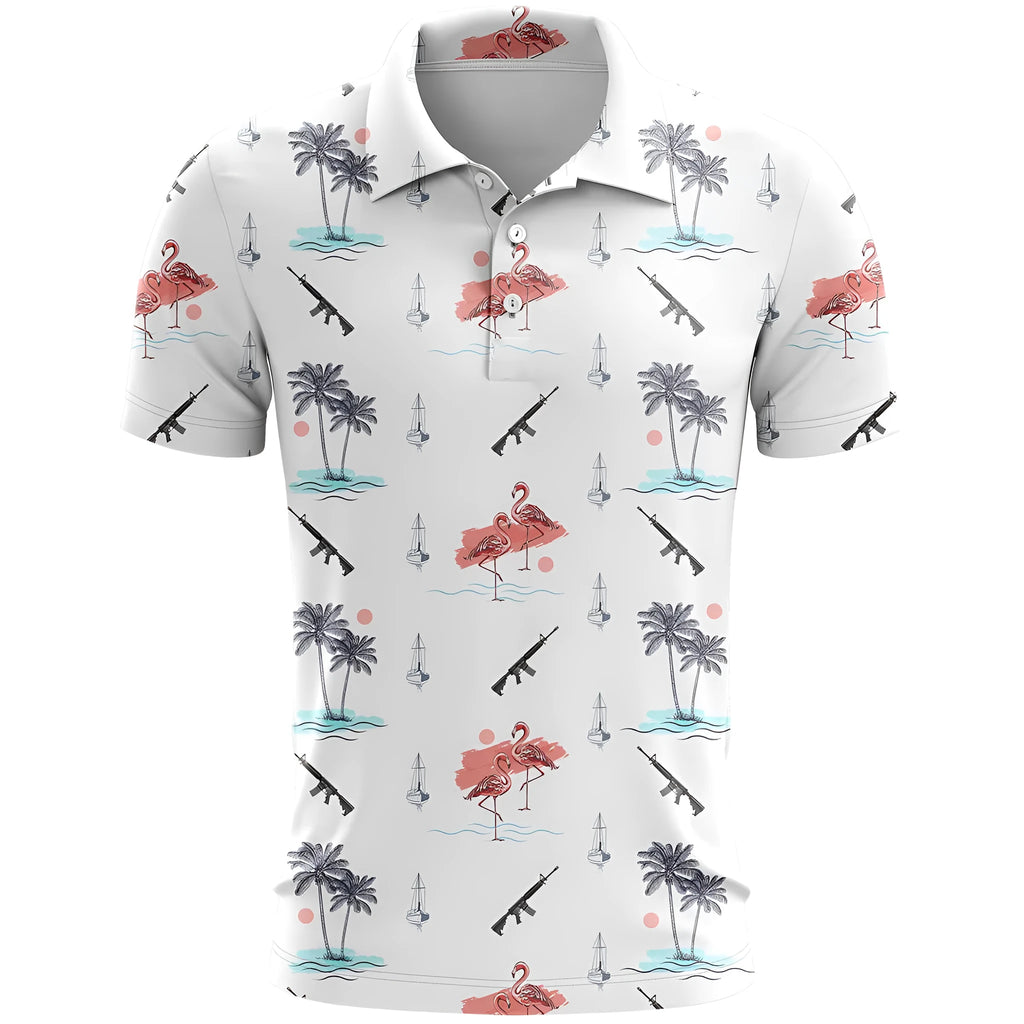 Man wearing a loose-fit 3D printed short sleeve sports shirt in a colour option like 3e-5ZDLC.
