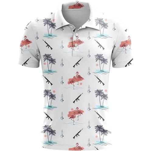 Man wearing a loose-fit 3D printed short sleeve sports shirt in a colour option like 3e-5ZDLC.