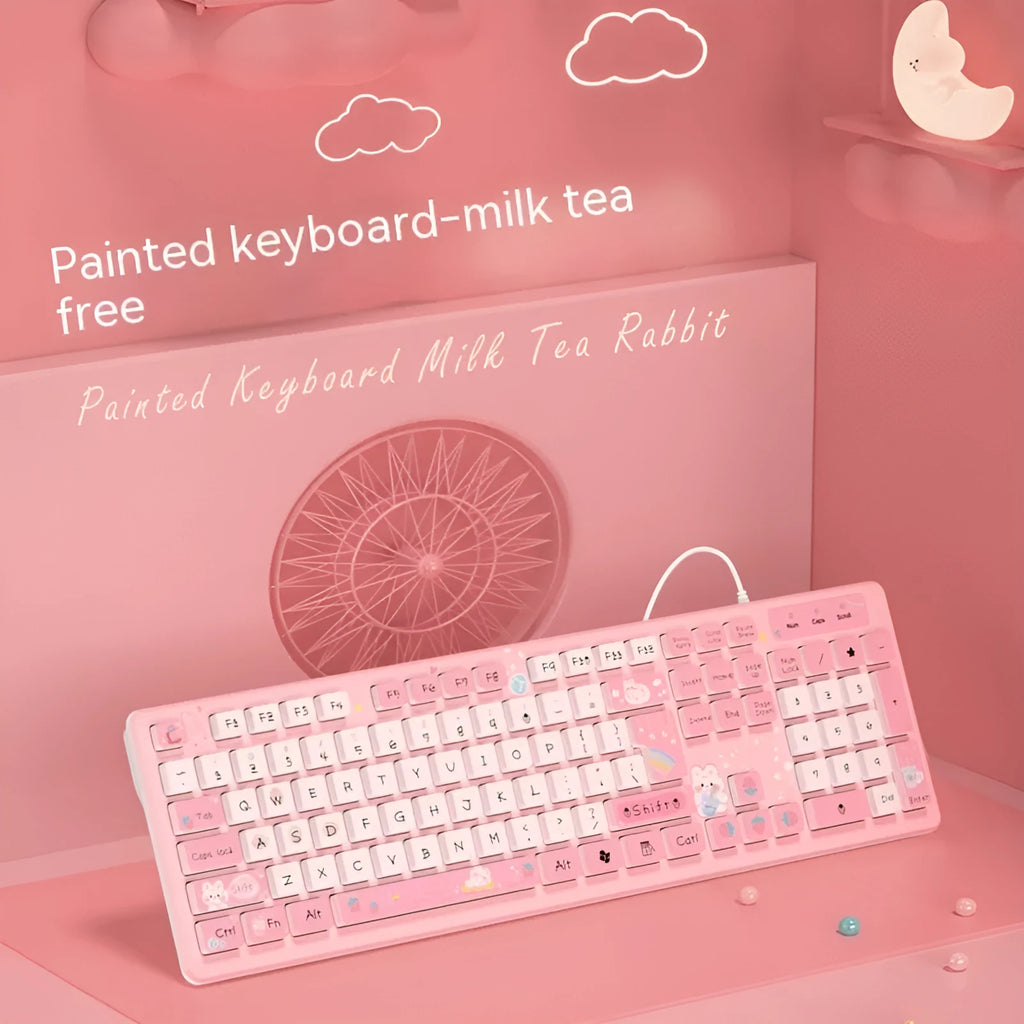 Milk Tea Rabbit chocolate wired keyboard in strawberry pink with 1m USB cable