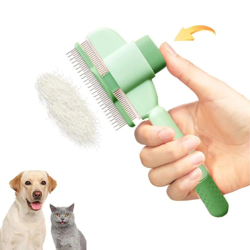 Yellow and green self-cleaning pet comb for cats and dogs with stainless steel teeth and a release button.