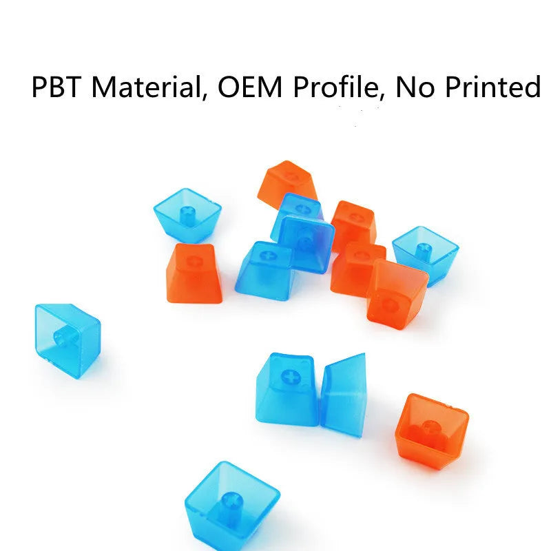 Set of 104 transparent PBT mechanical keyboard keycaps in orange, white, blue, and black colours on a white background.