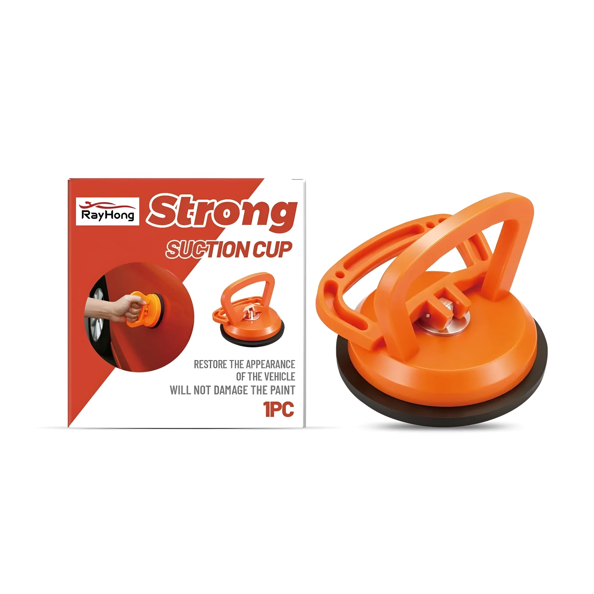 A strong suction cup puller with a metal hook for hanging household items without drilling.