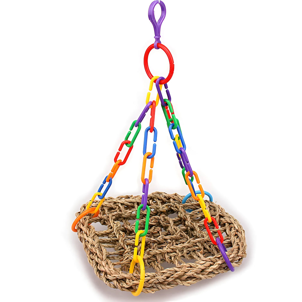 Wooden bird swing toy with hammock and metal or plastic ring for parrot cage