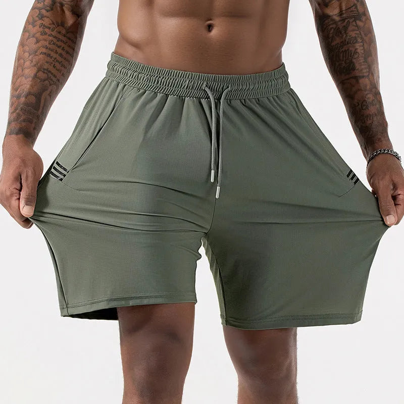 Men's black ice silk quick-drying shorts with drawstring waist and cropped length for sports activities
