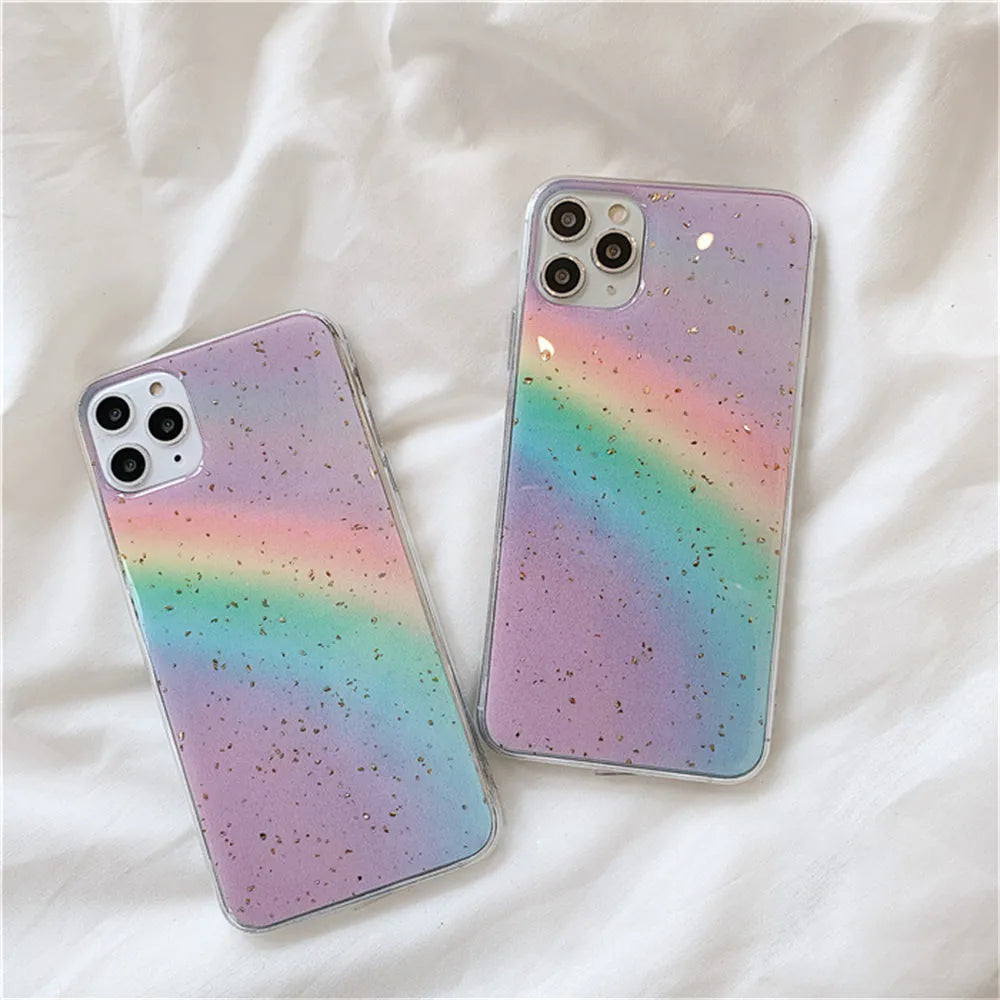 Colourful rainbow gradient striped TPU protective case for various iPhone models on a white background.