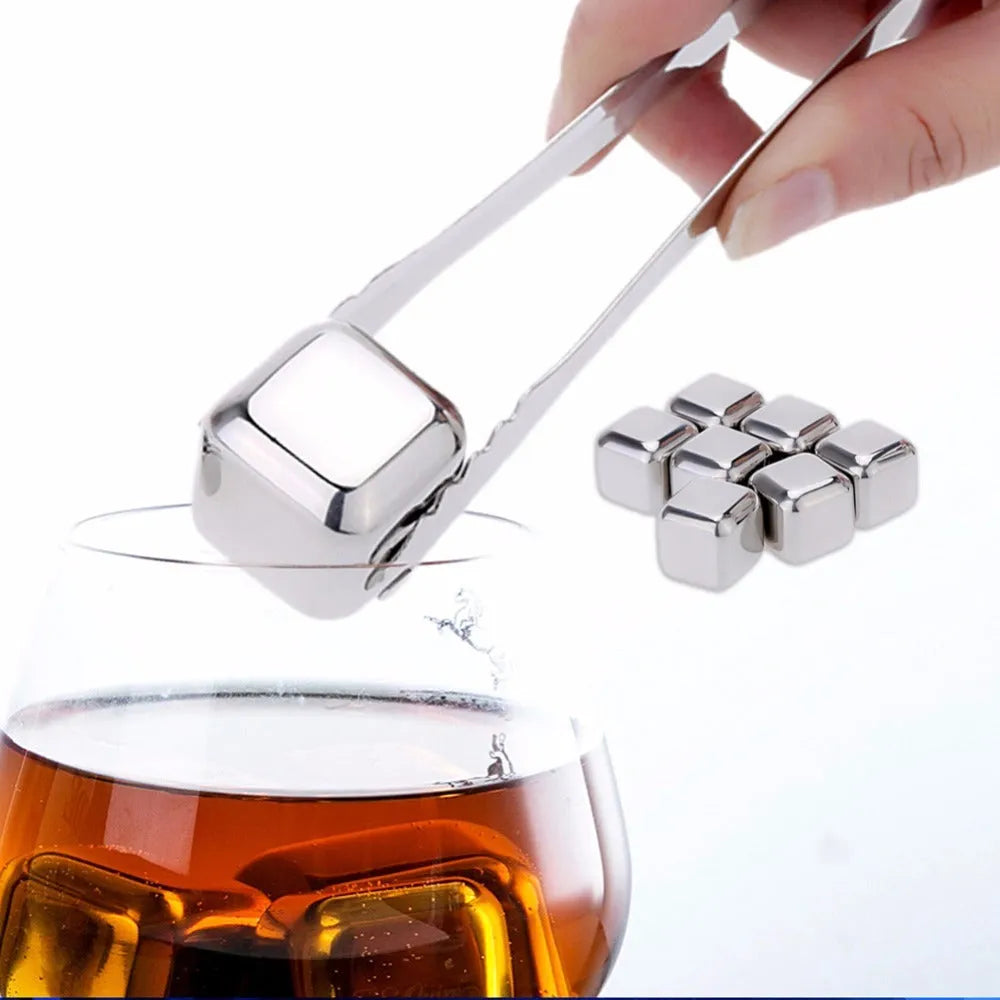Stainless steel whiskey chilling stones in square, ball, diamond, and heart shapes with handling clip