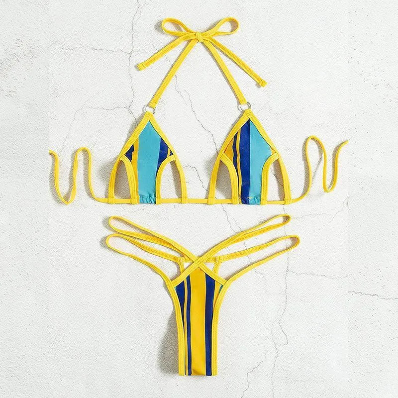 Yellow women's high-waisted split swimsuit with backless hollow design and quick-dry polyester fabric