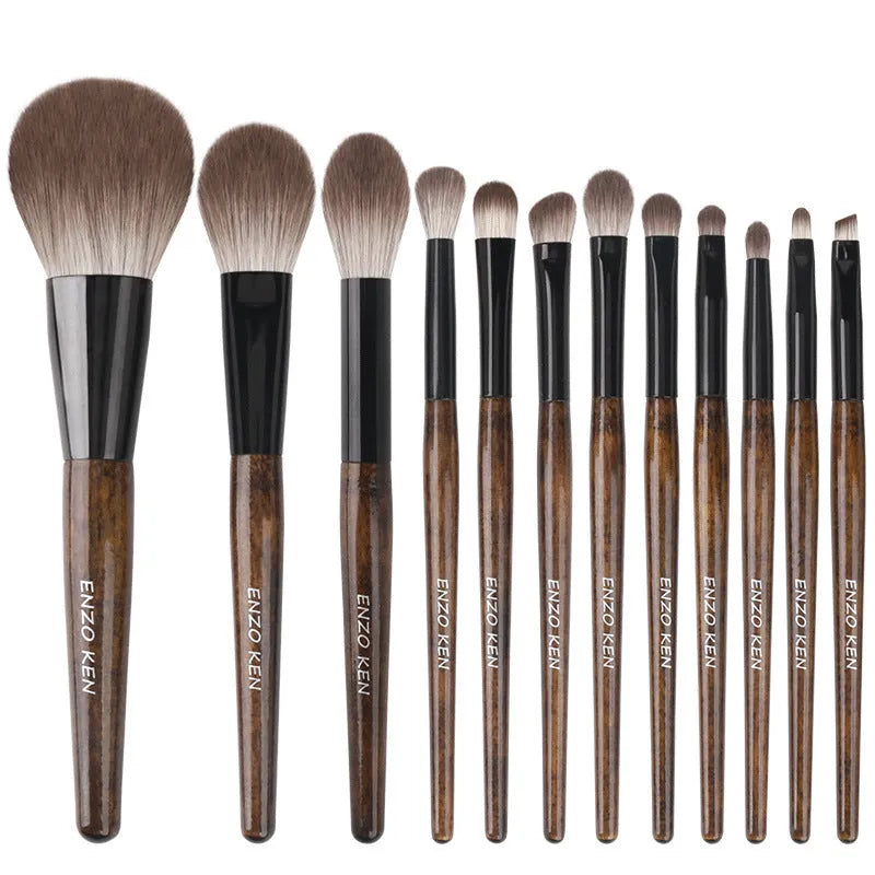 12-piece makeup brush set with wooden handles in a PU carry case including powder foundation brush