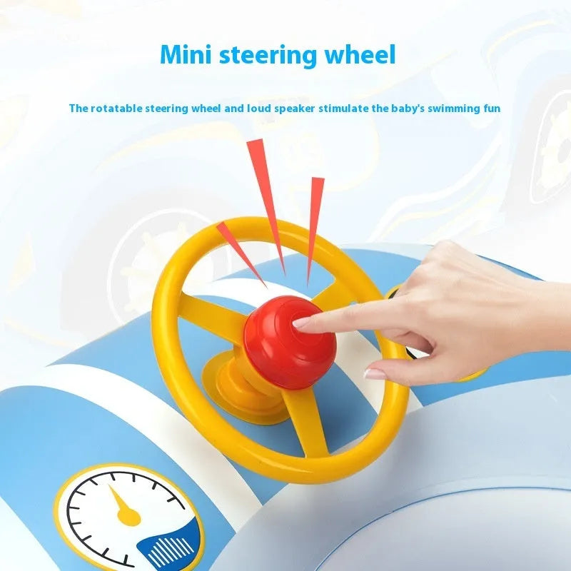 Pink inflatable swimming ring for kids with a mini steering wheel and cartoon sports car boats design.