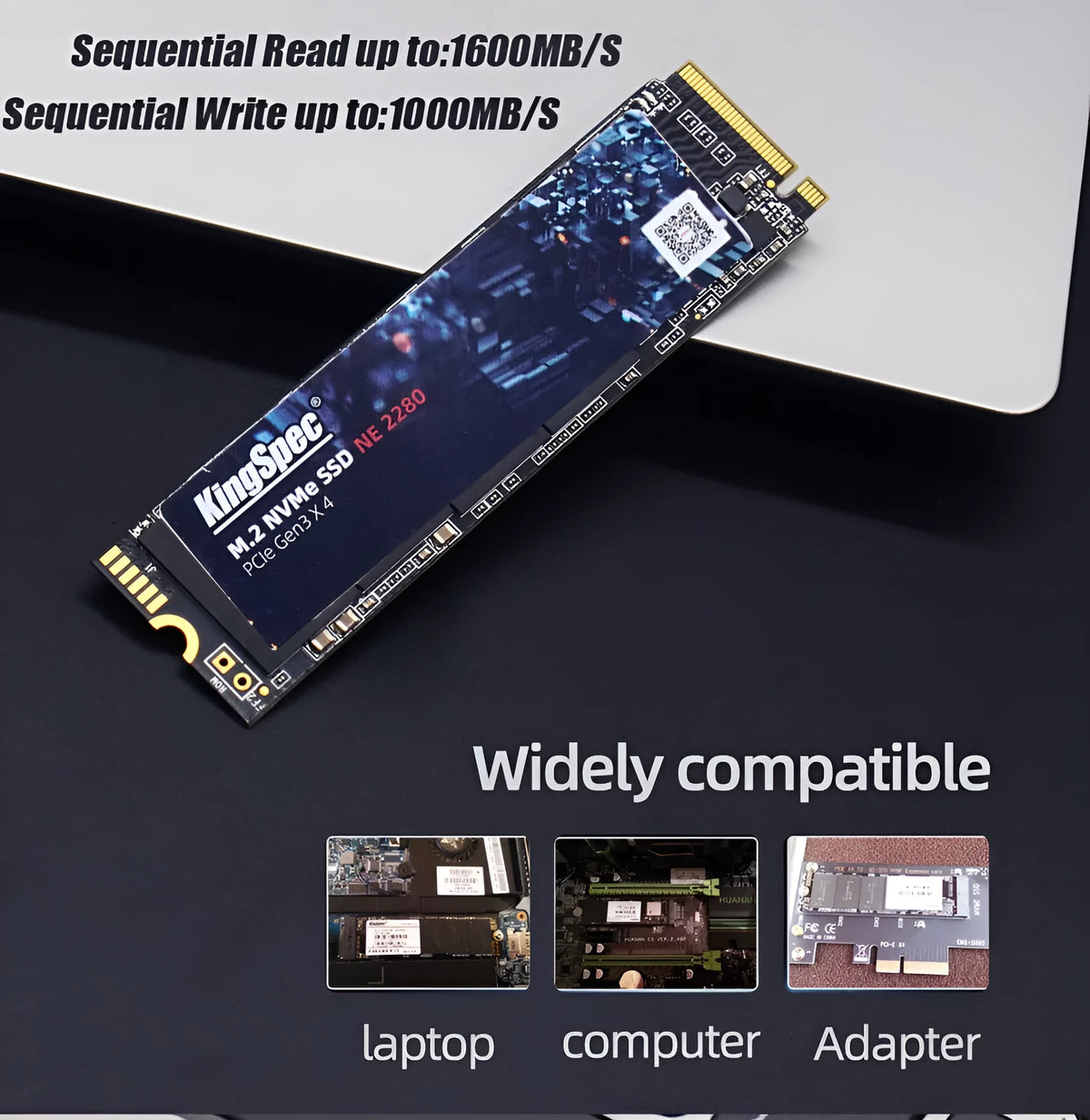 M.2 NVMe internal SSD 22x80mm with capacities up to 1TB and 1500MB/s read speed