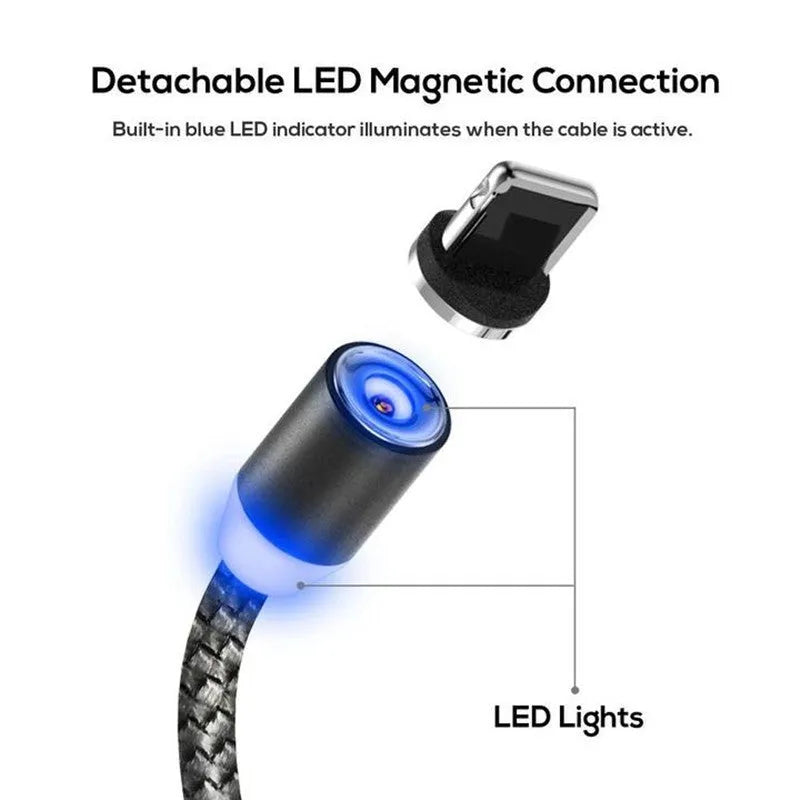 Silver magnetic charging cable with three detachable plugs for iPhone, Android and USB Type-C phones.